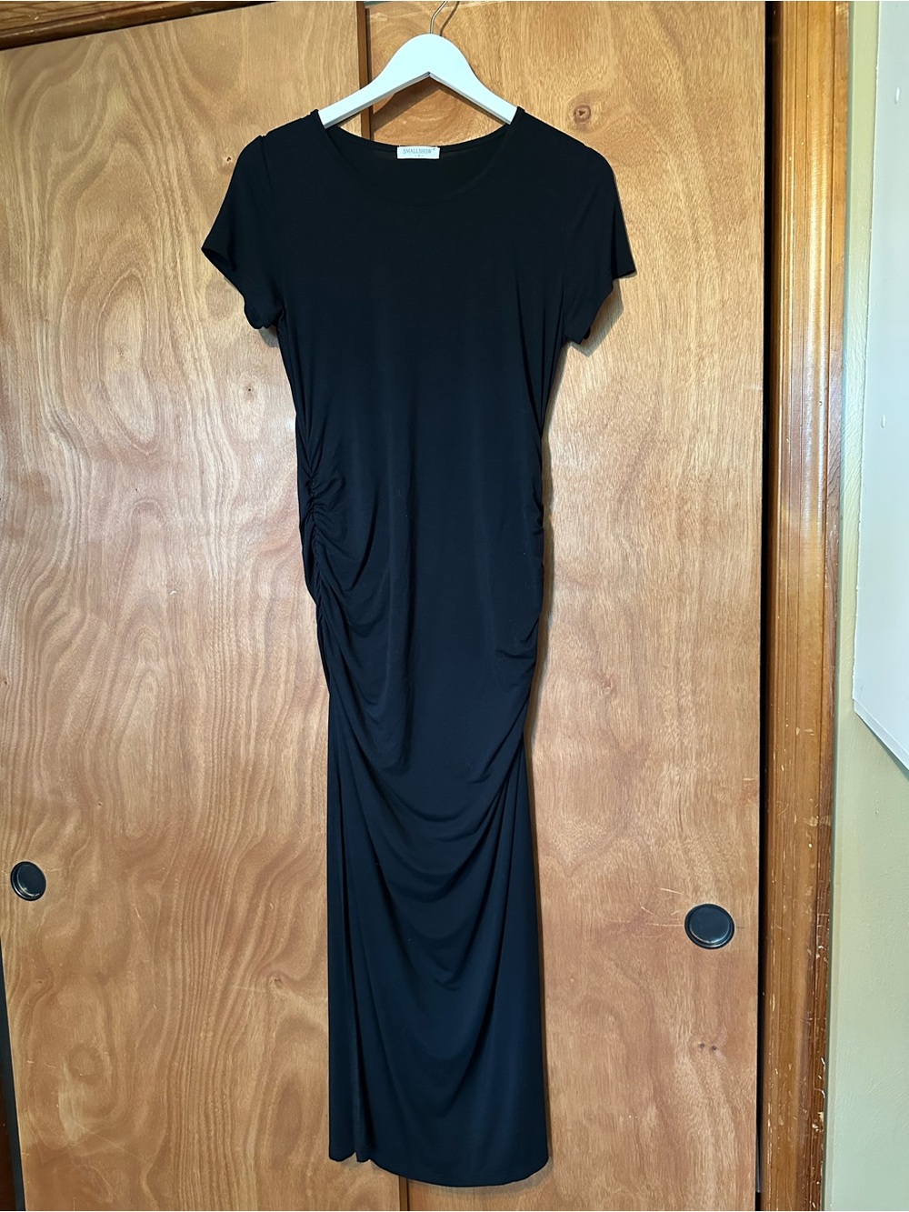 Smallshow Black Ruched Maternity Maxi Dress Short Sleeve